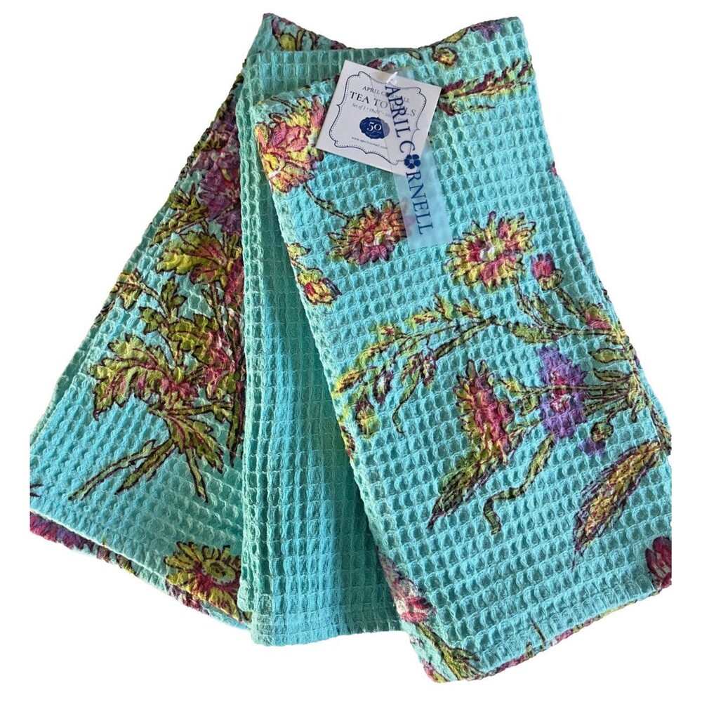 April Cornell Kitchen Dish Towels Wildflowers Turquoise Waffle Weave Set of 3